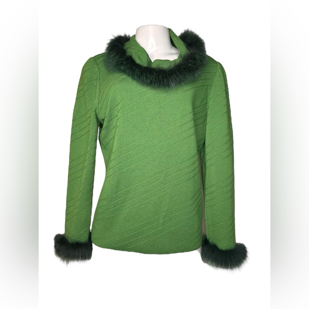STIZZOLI Italy Green Wool Sweater Faux Fur Trim Size 44 Elegant Vintage